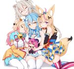  4girls ahoge animal_ears bangs bare_shoulders blonde_hair blue_capelet blue_hair blue_skirt blush breasts bun_cover bunny_choker capelet chinese_clothes cleavage cleavage_cutout closed_eyes club_hair_ornament curled_horns demon_horns detached_sleeves diamond_hair_ornament elf fennec_fox flower fox_girl fox_tail green_eyes grey_hair hair_between_eyes hair_flower hair_ornament headphones headphones_around_neck heart_ahoge highres holding holding_toy holofive hololive horns large_breasts lion_ears lion_girl lion_tail long_hair looking_at_viewer mano_aloe meemo mismatched_legwear momosuzu_nene multicolored_hair multiple_girls neck_bell omaru_polka one_eye_closed pink_hair playing_card_theme pointy_ears shishiro_botan sitting skindentation skirt smile star_(symbol) star_in_eye striped striped_legwear stuffed_toy symbol_in_eye tail thighhighs toy two-tone_hair virtual_youtuber white_legwear yellow_eyes yellow_sleeves yukihana_lamy 