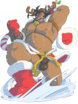  1boy abs animal_costume antlers bara bell bell_collar boots briefs brown_hair bulge chest chest_harness collar dragalia_lost full_body gloves hair_ornament harness highres long_hair looking_at_viewer male_focus muscle navel nipples open_mouth pectorals piikeisandaa ranzal reindeer_antlers reindeer_costume santa_boots santa_costume santa_gloves smile solo thick_thighs thighs underwear 