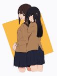  2girls black_hair blazer blue_skirt blush brown_eyes brown_hair brown_jacket commentary cowboy_shot cropped_legs from_side highres hug hug_from_behind jacket kamo_kamen looking_back multiple_girls open_mouth orange_background original pleated_skirt purple_eyes skirt yuri 