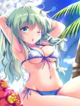  1girl armpits arms_behind_head bikini blue_eyes breasts chestnut_mouth cloud cloudy_sky cowboy_shot flower frog_hair_ornament front-tie_top green_hair hair_ornament hibiscus kochiya_sanae long_hair medium_breasts messy_hair midriff navel one_eye_closed open_mouth outdoors palm_tree side-tie_bikini sky snake_hair_ornament solo swimsuit thighs touhou tree unory 