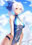  1girl absurdres bangs blue_bow blue_sky blue_swimsuit blush bow breasts closed_mouth fate/grand_order fate_(series) hair_between_eyes hair_bow highleg highleg_swimsuit highres large_breasts long_hair looking_at_viewer one-piece_swimsuit ponytail red_eyes silver_hair silver_tokki sky smile swimsuit tomoe_gozen_(fate/grand_order) tomoe_gozen_(swimsuit_saber)_(fate) two-tone_swimsuit wet white_swimsuit 