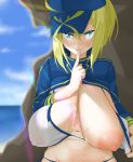  1girl after_paizuri areolae artoria_pendragon_(all) bangs bikini bikini_top blonde_hair blue_eyes bra bra_pull breasts cleavage clenched_teeth cloud covered_nipples cum cum_on_body cum_on_breasts cum_on_upper_body fate/grand_order fate_(series) finger_to_mouth gask_(architect_2d) hair_between_eyes hat highres large_breasts looking_at_viewer mysterious_heroine_xx_(foreigner) navel ocean open_mouth shushing sky solo stomach sunlight swimsuit teeth underwear wet wet_clothes wet_hair 