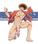  1boy abs bar_censor bara black_hair body_hair censored chest chest_scar commission flaccid full_body hat highres kimakkun large_penis male_focus monkey_d_luffy muscle naked_shirt navel nipples one_piece pectorals penis scar shirt short_hair solo straw_hat testicles thick_thighs thighs thumbs_up 