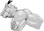  1girl amazon_(dragon&#039;s_crown) armor ass back bikini bikini_armor breasts dark_skin dragon&#039;s_crown feathers gloves highres large_breasts long_hair looking_back lying monochrome muscle muscular_female on_stomach swimsuit synecdoche thick_thighs thighs white_background white_hair 