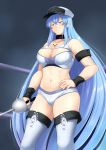  1girl akame_ga_kill! blue_eyes blue_hair boots breasts chest_tattoo choker cleavage esdeath hair_between_eyes hat highres large_breasts long_hair navel panties peaked_cap rapier smile solo sword tattoo thigh_boots thighhighs underwear very_long_hair weapon yomitrooper 