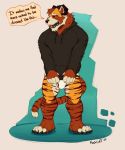  2020 anthro black_sclera clothing dialogue digital_drawing_(artwork) digital_media_(artwork) english_text enlish_text felid fluffy fur horny_(disambiguation) hybrid koorivlf koorivlf_tycoon male mammal meme meme_clothing open_mouth orange_body orange_fur pantherine paws procyonid raccoon red_body red_fur signature simple_background solo standing stripes stripped_fur teeth text tiger underwear 