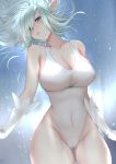  1girl ass_visible_through_thighs blue_background blue_eyes blue_hair breasts cameltoe character_request cleavage collarbone covered_navel cowboy_shot eyelashes floating_hair gloves groin half-closed_eyes head_tilt highres janna_windforce large_breasts league_of_legends looking_at_viewer looking_down one-piece_swimsuit parted_lips pd_(pdpdlv1) pointy_ears rain silver_hair skindentation solo swimsuit white_gloves white_swimsuit 