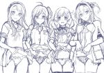  4girls ahoge bow bow_panties braid hachimaki hagikaze_(kantai_collection) hairband headband kantai_collection kyogoku_shin long_hair looking_at_viewer minegumo_(kantai_collection) monochrome multiple_girls panties sagiri_(kantai_collection) side_ponytail simple_background sketch skirt skirt_lift suzutsuki_(kantai_collection) twin_braids underwear 