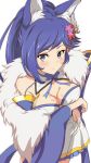  1girl absurdres animal_ear_fluff animal_ears azur_lane blue_eyes blue_hair blush breast_hold breasts cleavage collarbone crossed_arms eyebrows fan flower fox_ears from_above fur_scarf hair_flower hair_ornament highres holding holding_fan japanese_clothes jintsuu_(azur_lane) long_hair long_sleeves looking_at_viewer looking_up nukomen simple_background smile solo standing white_background wide_sleeves 