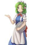  1girl anidante apron blue_dress blue_eyes cowboy_shot dress eyebrows_visible_through_hair green_hair heart highres maid maid_apron maid_dress maid_headdress one_eye_closed puffy_short_sleeves puffy_sleeves ribbon ruukoto short_hair short_sleeves smile solo touhou touhou_(pc-98) tray waist_apron white_background 