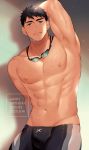  1boy abs armpits bara black_hair bulge chest cowboy_shot free! goggles goggles_around_neck green_eyes hand_on_head haozz legskin male_focus male_swimwear muscle navel nipples pectorals short_hair smile swimwear yamazaki_sousuke 