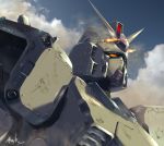  artist_name atsajh close-up firing g-3_gundam gundam gundam_msv highres looking_ahead mecha no_humans orange_eyes sky solo v-fin 