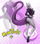  absurd_res anthro bottomwear breasts business_suit butt clothing coffee_mug female footwear hi_res high_heels legendary_pok&eacute;mon lewdxcube mew_tuely_(fan_character) mewtwo miniskirt nintendo pok&eacute;mon pok&eacute;mon_(species) purple_eyes scarf shoes skirt solo suit thick_thighs video_games zbrush 