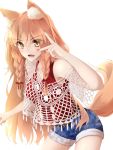  1girl animal_ear_fluff animal_ears bangs bare_shoulders belt blue_shorts blush braid breasts fate/extra fate/extra_ccc fate/extra_ccc_fox_tail fate/grand_order fate_(series) fox_ears fox_girl fox_tail highres long_hair looking_at_viewer medium_breasts open_mouth orange_hair oriuo_q red_tank_top short_shorts shorts sidelocks simple_background smile suzuka_gozen_(fate) tail tank_top thighs twin_braids v white_background yellow_eyes 
