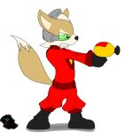  1:1 anthro belt boots brown_body brown_fur canid canine clothing cosplay disney footwear fox fox_mccloud fur green_eyes gun holding_object lilo_and_stitch male mammal multicolored_body multicolored_fur nintendo ranged_weapon signature simple_background solo standing star_fox suit video_games waver92 weapon white_background 