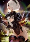  1girl black_blindfold black_hairband blindfold boots breasts cleavage_cutout covered_eyes falling_petals feather-trimmed_sleeves feather_trim flower hairband highleg highleg_leotard juliet_sleeves large_breasts leotard long_sleeves magion02 mole mole_under_mouth nier_(series) nier_automata puffy_sleeves silver_hair sitting thick_thighs thigh_boots thighhighs thighhighs_under_boots thighs thong_leotard vambraces white_leotard yorha_no._2_type_b 
