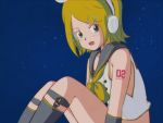  1970s_(style) 1girl anime_coloring aqua_eyes arm_warmers bare_shoulders belt blonde_hair collar commentary grey_collar grey_legwear grey_sleeves hair_ornament hairclip headphones kagamine_rin kagamine_rin_(vocaloid4) knees_up leg_warmers looking_at_viewer neckerchief night night_sky oldschool open_mouth retro school_uniform shio_kaze_(user_emuf8325) shirt shoulder_tattoo sitting sky sleeveless sleeveless_shirt solo star_(sky) starry_sky tattoo treble_clef v4x vocaloid white_shirt yellow_neckwear 