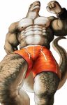  2020 abs anthro clothing dinosaur earbuds exercise green_body green_scales headphones hi_res looking_ahead macmuk2 macro male muscular muscular_anthro muscular_male reptile running scales scalie simple_background solo swimming_trunks swimwear view_from_below 