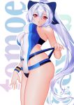  1girl artist_request bangs blue_bow blue_swimsuit blush bow breasts character_name fate/grand_order fate_(series) hair_between_eyes hair_bow highleg highleg_swimsuit highres large_breasts long_hair looking_at_viewer one-piece_swimsuit open_mouth ponytail red_eyes silver_hair swimsuit thighs tomoe_gozen_(fate/grand_order) tomoe_gozen_(swimsuit_saber)_(fate) two-tone_swimsuit white_swimsuit 