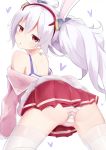 1girl animal_ears ass azur_lane bangs chestnut_mouth commentary_request expressionless eyebrows_visible_through_hair fake_animal_ears from_behind headband heart highres jacket jitome laffey_(azur_lane) lemonolemone light_purple_hair looking_at_viewer miniskirt off_shoulder panties partial_commentary pleated_skirt red_eyes red_skirt shoulder_blades sidelocks simple_background skirt solo striped striped_panties thighhighs twintails underwear white_background white_legwear 