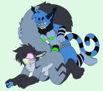  4_toes all_fours anthro anthro_on_anthro anthro_penetrated anthro_penetrating anthro_penetrating_anthro balls barely_visible_balls barely_visible_genitalia black_body black_ears black_fur black_hair black_tail blue_body blue_ears blue_fur blue_glans blue_tail breasts cheek_tuft crisstail dildo dragon duo ear_piercing ear_tuft eyewear facial_tuft felid feline female foreskin from_behind_position fur fur_tuft furred_dragon genitals glans green_pawpads green_sex_toy grey_balls hair hand_on_tail hi_res lumikin lynx male mammal neck_tuft partially_retracted_foreskin pawpads penetration penis piercing sex sex_toy simple_background strapon toes tuft uncut 