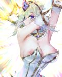  1girl arms_up bare_shoulders blonde_hair blue_eyes breasts cleavage detached_collar dress elbow_gloves elementalist_lux gloves glowing hair_over_one_eye headgear highres large_breasts league_of_legends light_elementalist_lux luxanna_crownguard nipples oversized_breast_cup pd_(pdpdlv1) solo strapless strapless_dress upper_body white_background white_dress white_gloves 