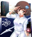  1girl 2001_a_space_odyssey :d akiyama_yukari alternate_costume bangs brown_eyes brown_hair commentary dated emblem english_text eyebrows_visible_through_hair fujimaru_arikui girls_und_panzer hair_ornament_removed hal_9000 happy_birthday high_collar jacket long_sleeves looking_at_viewer messy_hair monolith_(object) open_mouth pants salute short_hair smile solo space_craft space_shuttle standing white_jacket white_pants 