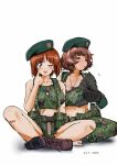  2girls ;p akanbe akiyama_yukari ammunition arm_support artist_name bandaid bangs belt beret black_gloves black_headwear boots bra breasts brown_eyes brown_hair camouflage camouflage_pants camouflage_shorts camouflage_tank_top canteen cleavage closed_eyes collar_tug collarbone combat_boots commentary_request crop_top day dog_tags emblem full_body girls_und_panzer gloves hat hot indian_style load_bearing_equipment looking_at_viewer medium_breasts messy_hair military military_hat multiple_girls nakamura_3sou name_tag navel nishizumi_miho one_eye_closed panties pants panty_peek pink_bra short_hair shorts signature simple_background sitting sweat tactical_clothes tank_top tongue tongue_out underwear white_background white_panties 