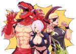  1girl angel_(kof) bangs bra breasts cleavage cropped_jacket dinosaur_costume eyepatch fingerless_gloves gloves griffon_mask hair_over_one_eye jacket king_of_dinosaurs large_breasts leather leather_jacket ramon_(kof) snk tako the_king_of_fighters the_king_of_fighters_xiv underwear 