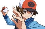  1boy bag baseball_cap blue_jacket blurry brown_eyes brown_hair closed_mouth commentary eyes_visible_through_hair hands_up hat hilbert_(pokemon) holding holding_poke_ball jacket long_sleeves perspective poke_ball poke_ball_(basic) pokemon pokemon_(game) pokemon_bw shoulder_bag solo upper_body white_background yoko.u 