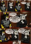  anthro bar black_body black_fur black_hair black_nose bottle canid canine caro_(dryden) clothed clothing collar comic drinking dryden_teichmann duo ear_piercing elvofirida english_text felid female fox fur green_eyes hair jex male mammal multicolored_hair open_mouth piercing shirt speaker text topwear two_tone_hair white_body white_fur white_hair yellow_body yellow_eyes yellow_fur 