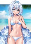  1girl :t absurdres aqua_eyes bang_dream! bangs bare_arms bare_shoulders bikini blue_hair blurry blurry_background blush breasts cleavage closed_mouth collarbone commentary cowboy_shot depth_of_field english_commentary eyebrows_visible_through_hair highres innertube kurata_mashiro looking_at_viewer medium_breasts navel ocean playing_with_own_hair pout ribbon short_hair side-tie_bikini solo stomach sweetcheese swimsuit thigh_gap white_bikini white_ribbon 