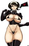  alecto_0 bikini black_bikini black_hair boots breasts gloves high_heel_boots high_heels highres kawakami_sadayo large_breasts looking_at_viewer persona persona_5 pubic_hair ribbon ribbon-trimmed_collar ribbon_trim solo swimsuit thighs tight upset white_background 