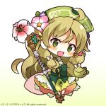  1girl :d atelier_(series) atelier_ayesha ayesha_altugle bangs blue_flower blush bow brown_flower brown_hair chibi dress eyebrows_visible_through_hair flower full_body gradient gradient_background green_background green_dress green_eyes green_headwear hair_between_eyes hair_bow hair_flower hair_ornament hat holding holding_staff long_hair looking_at_viewer muuran official_art open_mouth pink_flower smile solo staff very_long_hair watermark white_background white_bow 
