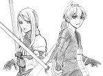  1boy 1girl agrias_oaks ahoge akaho_(choco_daisuki) armor braid cape commentary_request dissidia_final_fantasy dissidia_final_fantasy_opera_omnia final_fantasy final_fantasy_tactics gloves long_hair monochrome open_mouth pauldrons ponytail ramza_beoulve shoulder_armor simple_background sword weapon white_background 