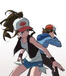  1boy 1girl baseball_cap black_pants black_vest blue_eyes brown_hair closed_mouth collarbone denim denim_shorts hat high_ponytail hilbert_(pokemon) hilda_(pokemon) holding holding_poke_ball long_sleeves pants poke_ball poke_ball_(basic) pokemon pokemon_(game) pokemon_bw short_shorts shorts sidelocks sketch smile tank_top vest white_background white_tank_top wristband yoko.u 