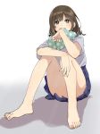  1girl bare_legs blue_skirt brown_eyes brown_hair convenient_leg highres kawai_makoto knees_up medium_hair nail_polish original pleated_skirt sitting skirt smile solo towel towel_around_neck white_background 