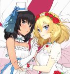  2girls alternate_costume andou_(girls_und_panzer) bangs black_hair blonde_hair blue_bow blue_eyes bow brown_eyes commentary_request dark_skin dress elbow_gloves eyebrows_visible_through_hair fingerless_gloves flower girls_und_panzer gloves hair_rollers hairband hands_together hat hat_bow interlocked_fingers jewelry looking_at_viewer medium_hair messy_hair mini_hat mini_top_hat multiple_girls necklace oshida_(girls_und_panzer) parted_lips red_flower red_rose rose short_sleeves smile strapless strapless_dress tan3charge tilted_headwear top_hat upper_body wedding_dress white_dress white_gloves white_hairband white_headwear wife_and_wife yuri 