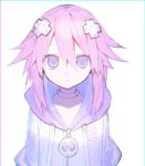  1girl buran_buta choker d-pad d-pad_hair_ornament hair_ornament highres hood hood_down hooded_jacket jacket looking_at_viewer neptune_(neptune_series) neptune_(series) purple_eyes purple_hair serious short_hair smile solo 