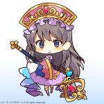  1girl atelier_(series) atelier_totori bangs black_hair blue_background blush chibi eyebrows_visible_through_hair full_body gradient gradient_background hat holding holding_staff long_hair long_sleeves looking_at_viewer muuran official_art parted_lips pink_headwear purple_eyes purple_skirt skirt sleeves_past_wrists smile solo staff standing totooria_helmold very_long_hair watermark white_background wide_sleeves 