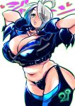  1girl angel_(kof) bangs bra breasts chaps cleavage commentary_request cropped_jacket fingerless_gloves gloves green_eyes hair_over_one_eye jacket kemonono_(inchiki_dou) large_breasts leather leather_jacket snk strapless strapless_bra the_king_of_fighters the_king_of_fighters_2001 the_king_of_fighters_xiv translation_request underwear 