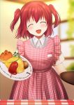  1girl absurdres apron closed_eyes food gingham gingham_apron highres holding holding_plate holding_tray kazehana_(spica) ketchup kurosawa_ruby love_live! love_live!_sunshine!! omelet omurice open_mouth plate red_apron red_hair shirt short_hair short_sleeves smile solo tray two_side_up waitress white_shirt 