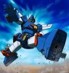  dust jumping looking_at_viewer mecha motion_blur no_humans open_hand sentou_mecha_xabungle sky solo visor xabungle_(mecha) yamada_yuuji 