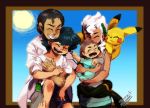  1girl 3boys ash_ketchum bangs bare_arms black_hair blush burnet_(pokemon) carrying clenched_teeth closed_eyes closed_mouth collarbone dark_skin dark_skinned_male day gen_1_pokemon grey_pants highres hug hug_from_behind kukui_(pokemon) labcoat lei_(pokemon) looking_back multiple_boys on_shoulder open_mouth pants pikachu pokemon pokemon_(anime) pokemon_(creature) pokemon_on_shoulder pokemon_sm_(anime) pokemon_swsh_(anime) shirt short_sleeves shorts signature sleeves_rolled_up smile sorachi_(kimyonetwins) spoilers sun t-shirt teeth tongue white_hair white_shirt 