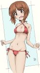  1girl artist_name bangs bikini black_border blue_background border breasts brown_eyes brown_hair cleavage colored_pencil_(medium) commentary cowboy_shot criss-cross_halter erakin eyebrows_visible_through_hair frown girls_und_panzer groin halterneck head_tilt highres looking_at_viewer medium_breasts navel nishizumi_miho open_mouth outside_border pink_bikini short_hair side-tie_bikini signature sketch solo standing string_bikini sweatdrop swimsuit traditional_media 