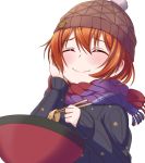  1girl bangs bowl chopsticks closed_eyes eating english_commentary eyebrows_visible_through_hair food foodgasm hair_between_eyes hand_on_own_cheek hat highres hoshizora_rin jan_azure knit_hat love_live! love_live!_school_idol_project multicolored_neckwear noodles orange_hair ramen scarf short_hair simple_background solo star_(symbol) star_print steam sweater upper_body white_background 