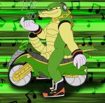  anthro bodily_fluids crocodile crocodilian crocodylid genital_fluids genitals hi_res isamu_yoshi looking_at_viewer male motorcycle muscular muscular_anthro muscular_male penis precum reptile scalie solo sonic_the_hedgehog_(series) vector_the_crocodile vehicle 