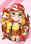  1girl absurdres baseball_cap bespectacled blue_eyes blush choker collarbone commentary_request eyebrows_visible_through_hair eyelashes fang fennekin flower gen_6_pokemon glasses happy hat highres light_brown_hair long_hair looking_at_viewer open_mouth parted_lips pokemon pokemon_(anime) pokemon_xy_(anime) red_choker red_flower serena_(pokemon) shiny shiny_hair smile sparkle suspenders taisa_(lovemokunae) teeth tongue white_flower yellow-framed_eyewear 