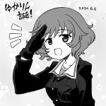  1girl :d akiyama_yukari birthday character_name cherry_blossoms commentary dated eyebrows_visible_through_hair floral_background girls_und_panzer gloves greyscale jacket long_sleeves looking_at_viewer military military_uniform monochrome nanashiro_gorou notice_lines ooarai_military_uniform open_mouth salute shirt smile solo translated uniform upper_body 