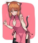  1girl absurdres alternate_costume animal_ear_fluff animal_ears antyobi0720 bangs black_legwear blush breasts brown_eyes brown_hair cat_ears cat_tail china_dress chinese_clothes cleavage_cutout covered_navel cowboy_shot dress eyebrows_visible_through_hair flying_sweatdrops girls_und_panzer high_collar highres kemonomimi_mode large_breasts leaning_forward looking_at_viewer nishizumi_miho open_mouth outside_border pink_background pink_dress rounded_corners short_hair side-tie_dress side_cutout side_slit sleeveless sleeveless_dress smile solo standing sweatdrop tail thighhighs 